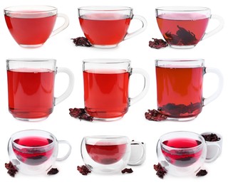 Image of Hibiscus tea in glass cups and dried calyces isolated on white, set