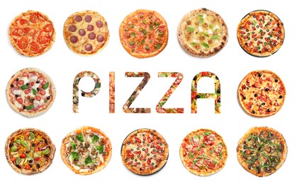 Image of Different delicious pizzas and word on white background