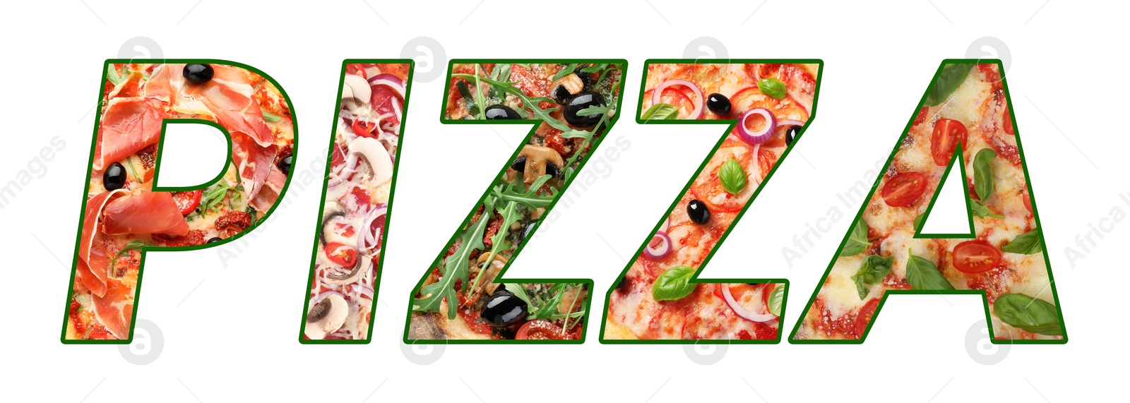 Word Pizza made of letters with different pizzas inside on white background. Banner design Image of Word Pizza made of letters with different pizzas inside on white background. Banner design
