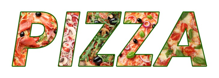 Image of Word Pizza made of letters with different pizzas inside on white background. Banner design