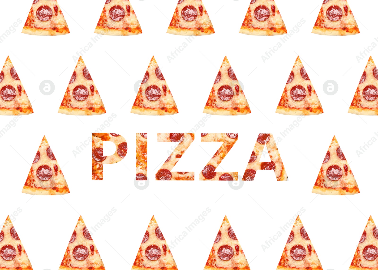 Pieces of delicious pepperoni pizza and word on white background Image of Pieces of delicious pepperoni pizza and word on white background