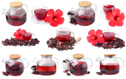Image of Hibiscus tea, fresh flowers and dried calyces isolated on white, set