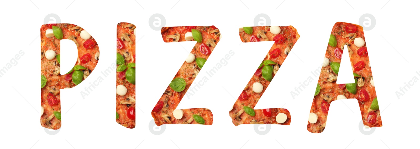 Word Pizza made of letters with pizza inside on white background. Banner design Image of Word Pizza made of letters with pizza inside on white background. Banner design