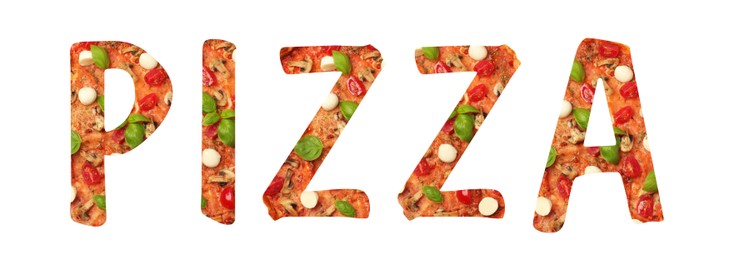 Image of Word Pizza made of letters with pizza inside on white background. Banner design