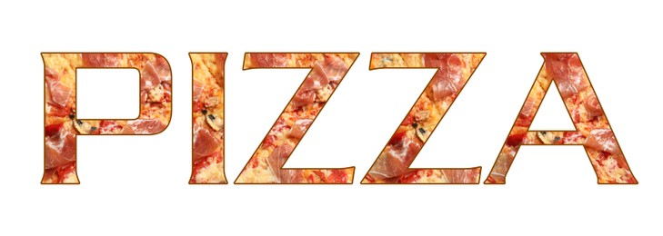 Image of Word Pizza made of letters with pizza inside on white background. Banner design
