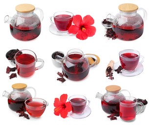 Image of Hibiscus tea, fresh flowers and dried calyces isolated on white, set