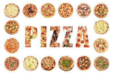 Image of Different delicious pizzas and word on white background