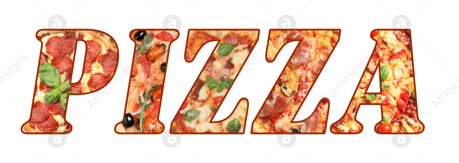 Word Pizza made of letters with different pizzas inside on white background. Banner design Image of Word Pizza made of letters with different pizzas inside on white background. Banner design