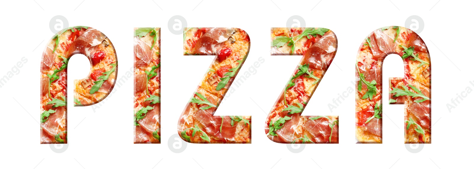Word Pizza made of letters with pizza inside on white background. Banner design Image of Word Pizza made of letters with pizza inside on white background. Banner design