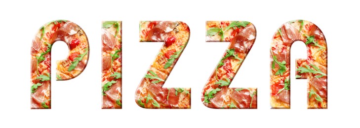 Image of Word Pizza made of letters with pizza inside on white background. Banner design