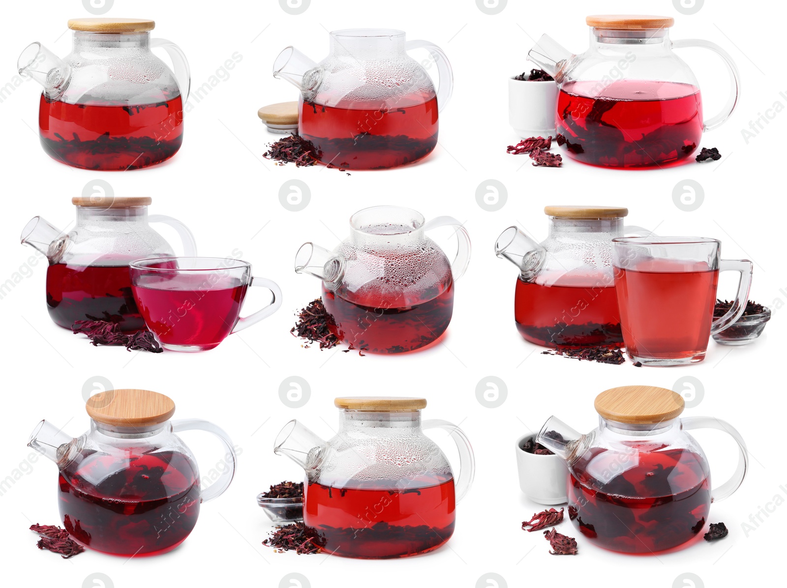 Hibiscus tea and dried calyces isolated on white, set Image of Hibiscus tea and dried calyces isolated on white, set
