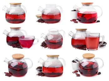 Image of Hibiscus tea and dried calyces isolated on white, set