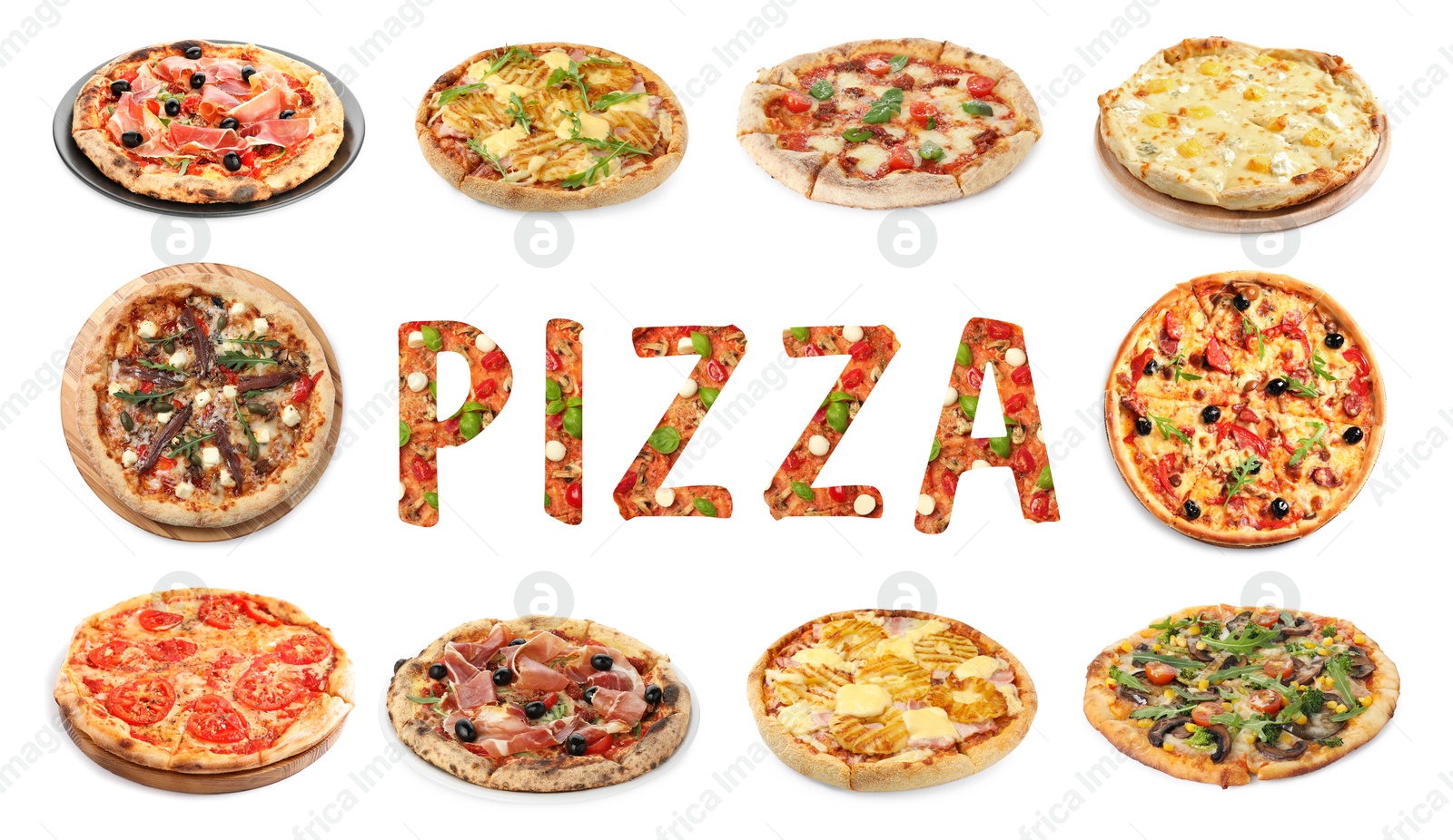 Different delicious pizzas and word on white background Image of Different delicious pizzas and word on white background