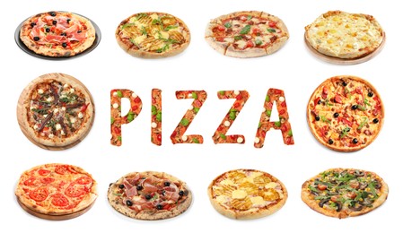 Image of Different delicious pizzas and word on white background