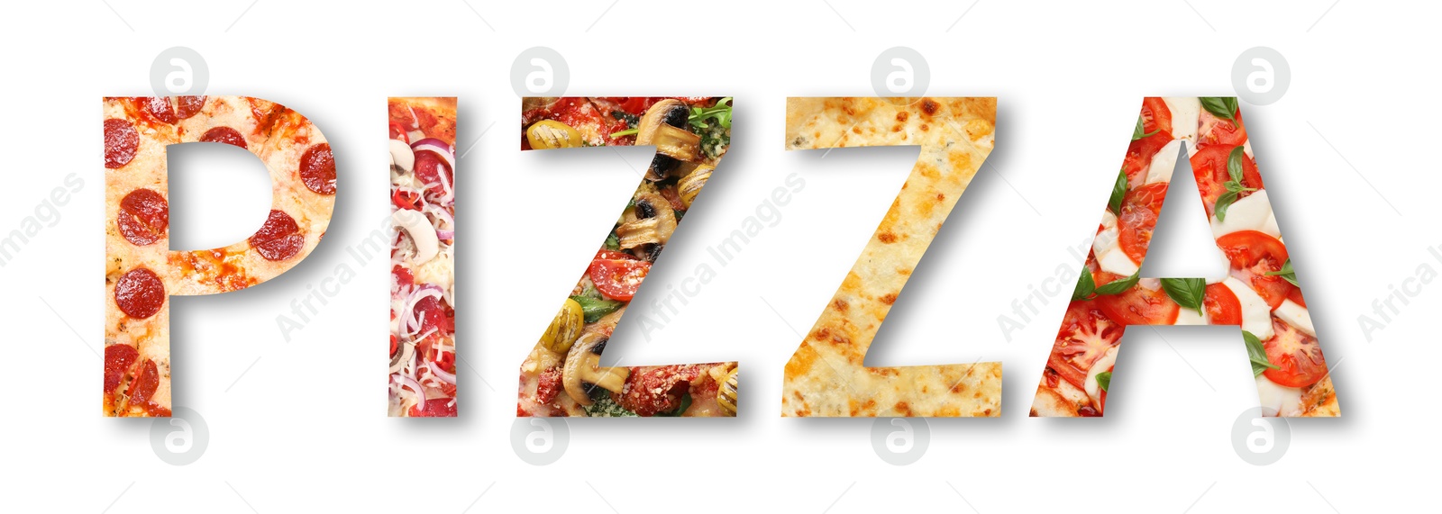 Word Pizza made of letters with different pizzas inside on white background. Banner design Image of Word Pizza made of letters with different pizzas inside on white background. Banner design