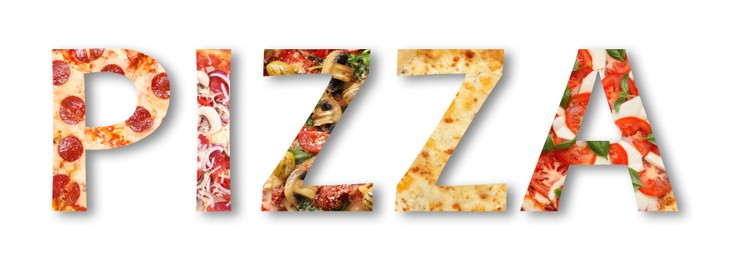 Image of Word Pizza made of letters with different pizzas inside on white background. Banner design