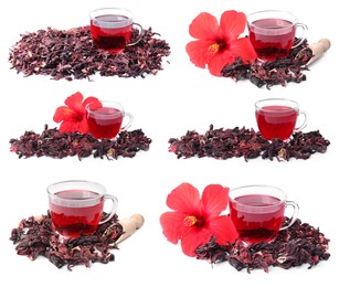 Image of Hibiscus tea, fresh flowers and dried calyces isolated on white, set