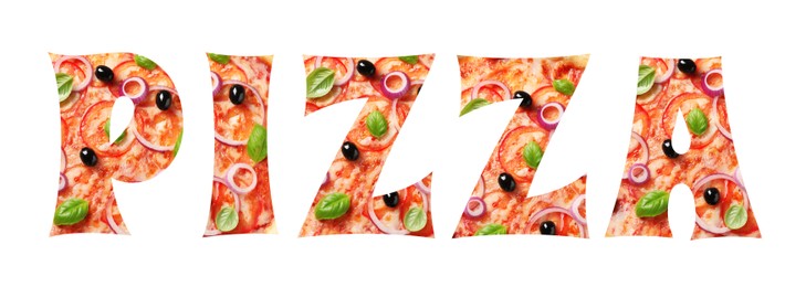 Image of Word Pizza made of letters with pizza inside on white background. Banner design