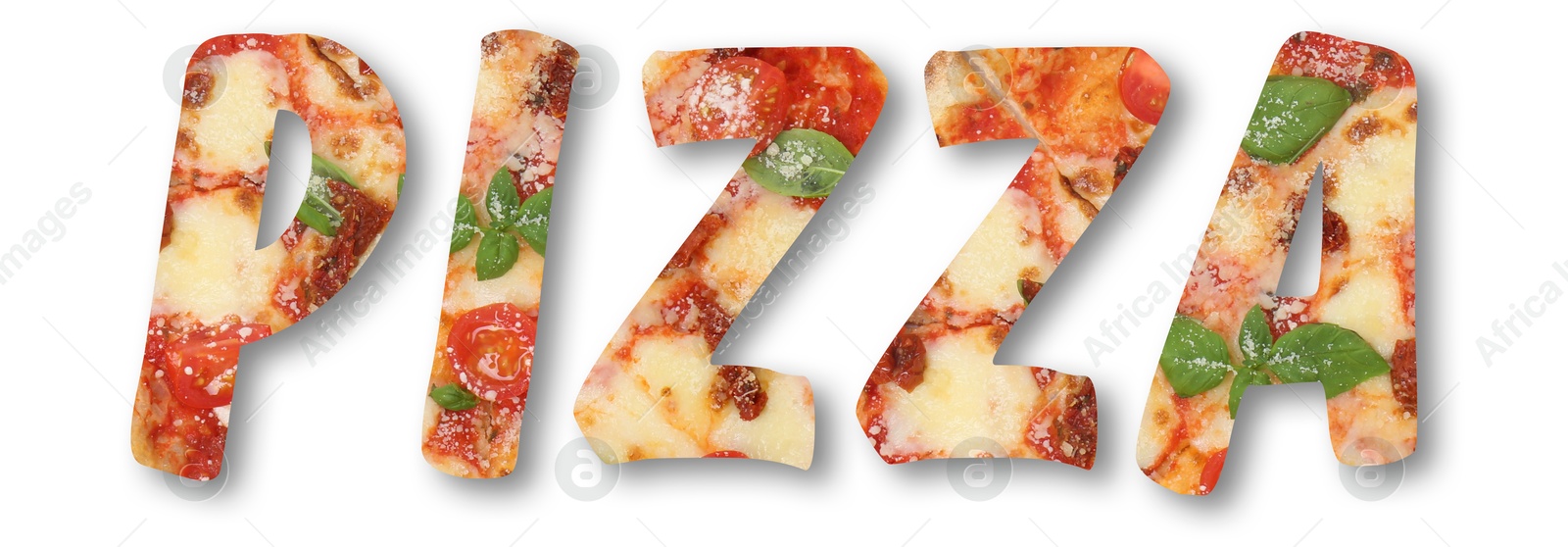 Word Pizza made of letters with pizza inside on white background. Banner design Image of Word Pizza made of letters with pizza inside on white background. Banner design