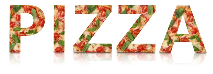 Image of Word Pizza made of letters with pizza inside on white background. Banner design