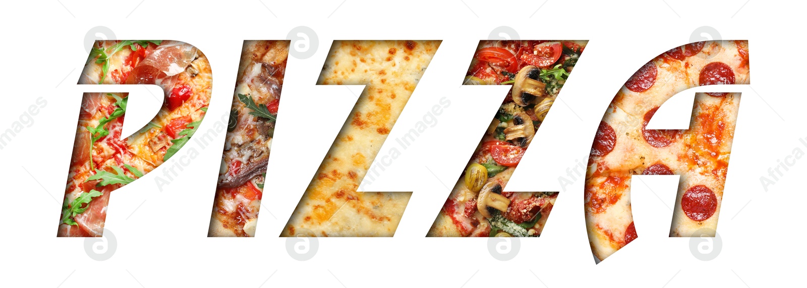 Word Pizza made of letters with different pizzas inside on white background. Banner design Image of Word Pizza made of letters with different pizzas inside on white background. Banner design