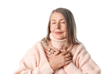 Photo of Senior woman wearing different rings on white background