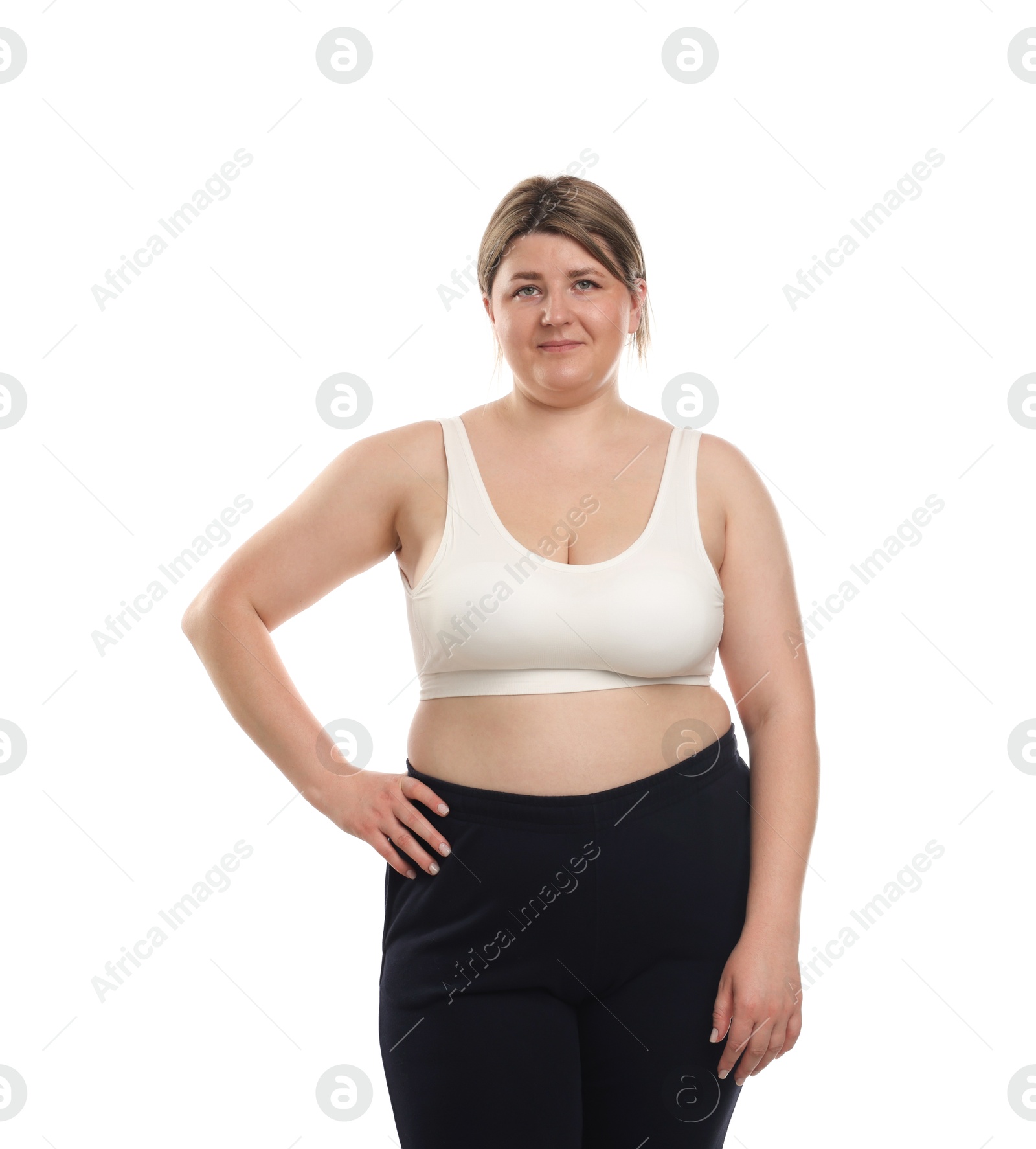 Weight loss. Plus size woman on white background Photo of Weight loss. Plus size woman on white background
