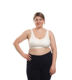 Photo of Weight loss. Plus size woman on white background
