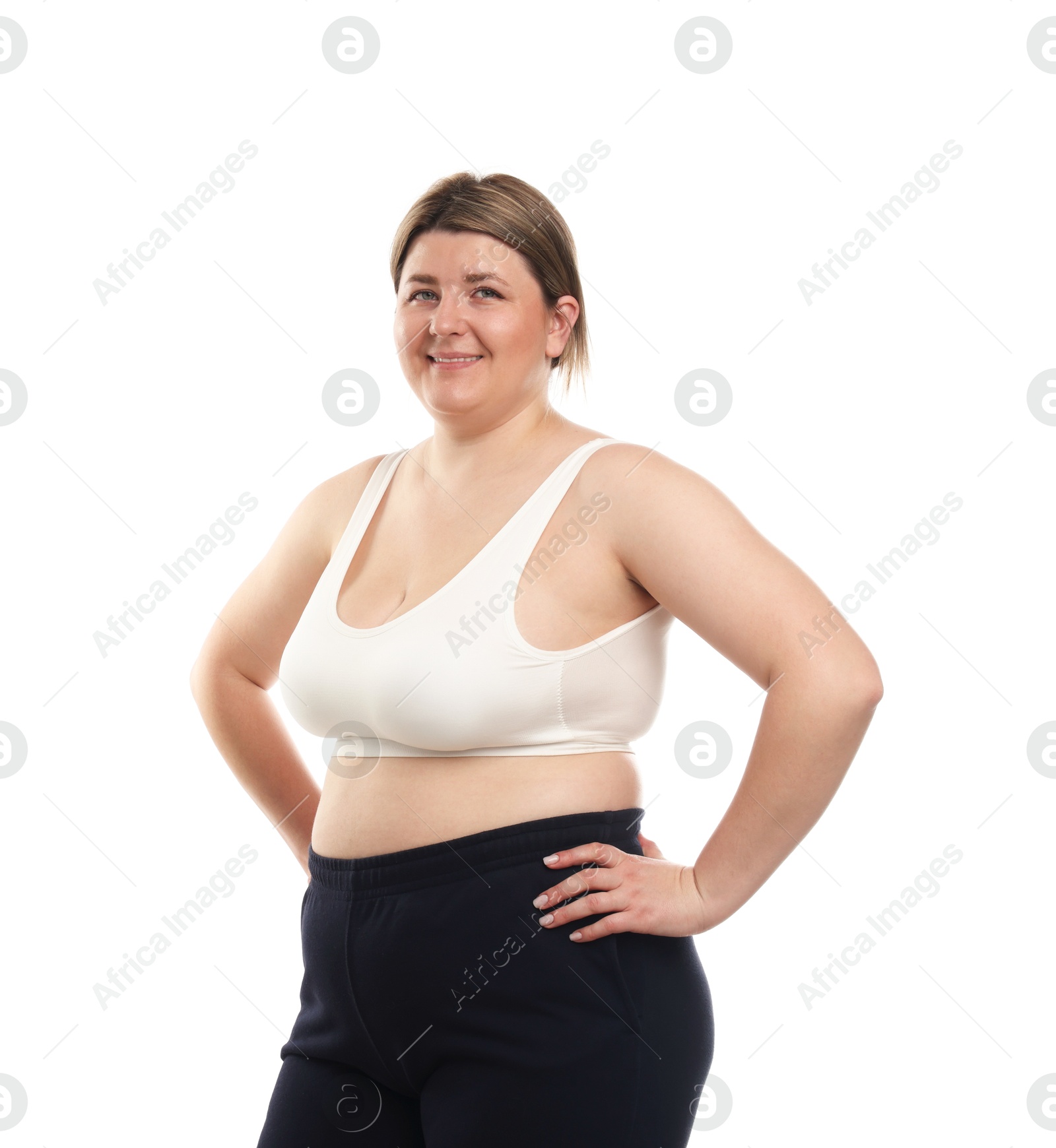 Weight loss. Plus size woman on white background Photo of Weight loss. Plus size woman on white background