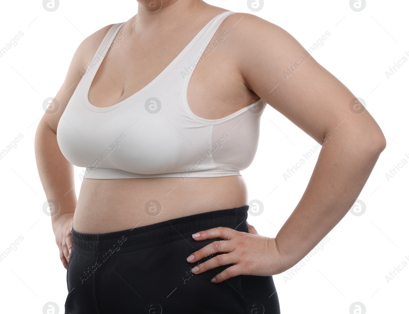 Weight loss. Plus size woman in underwear on white background, closeup Photo of Weight loss. Plus size woman in underwear on white background, closeup