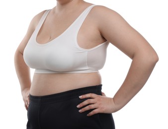 Photo of Weight loss. Plus size woman in underwear on white background, closeup