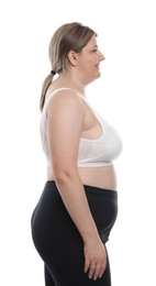 Photo of Weight loss. Plus size woman on white background