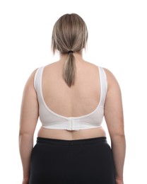 Photo of Weight loss. Plus size woman on white background, back view