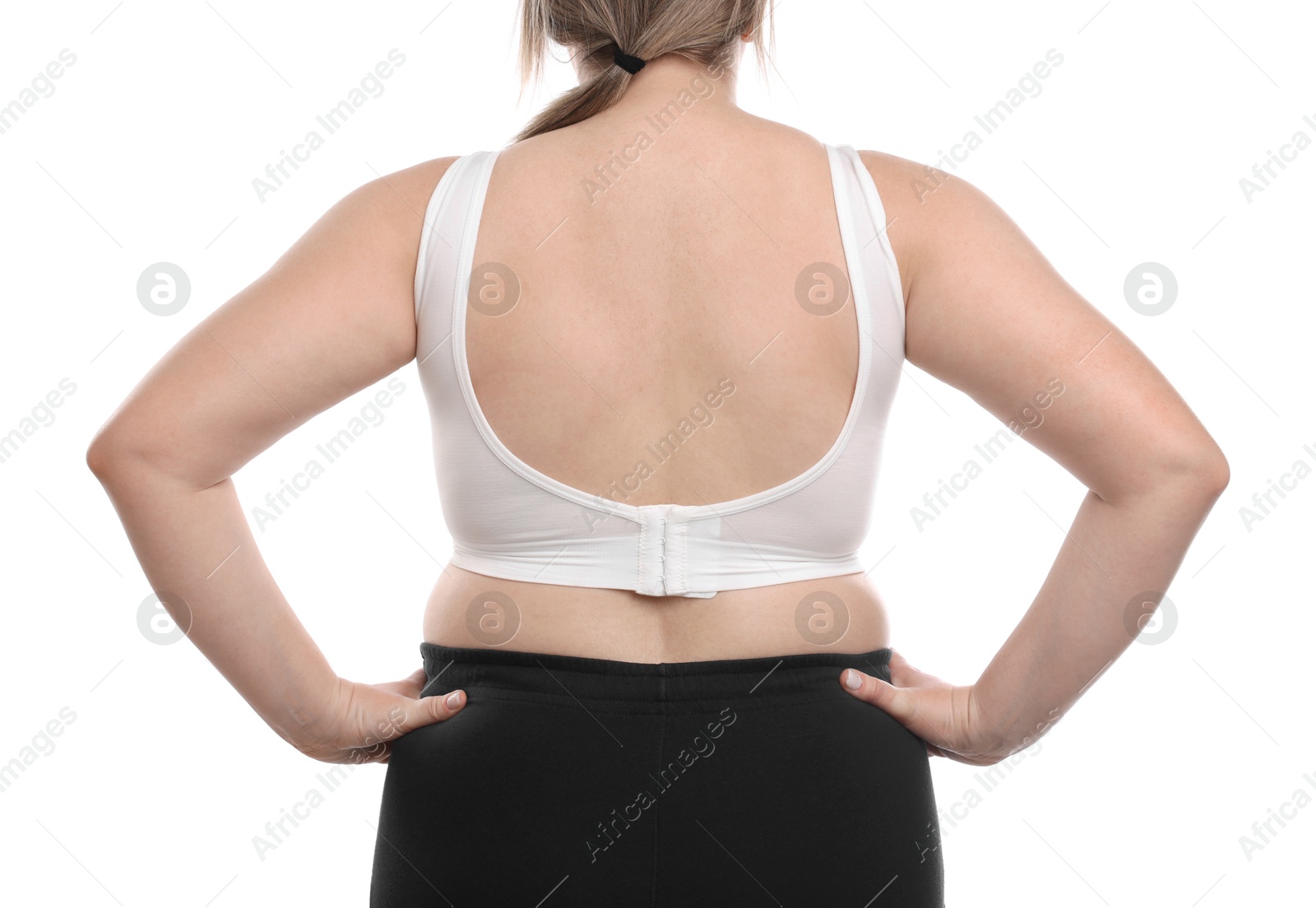 Weight loss. Plus size woman on white background, closeup Photo of Weight loss. Plus size woman on white background, closeup