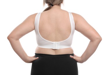 Photo of Weight loss. Plus size woman on white background, closeup