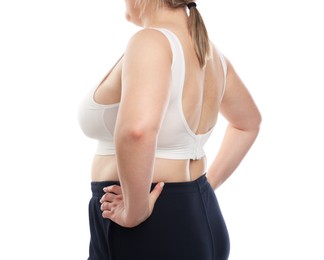 Photo of Weight loss. Plus size woman on white background, closeup