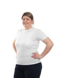 Photo of Weight loss. Plus size woman on white background
