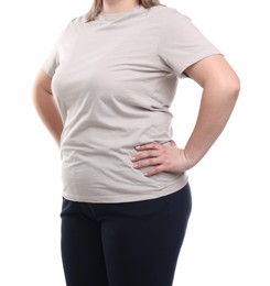 Photo of Weight loss. Plus size woman on white background, closeup