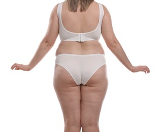 Photo of Weight loss. Plus size woman in underwear on white background, closeup