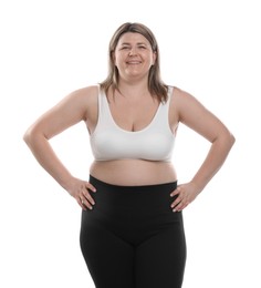 Photo of Weight loss. Plus size woman on white background