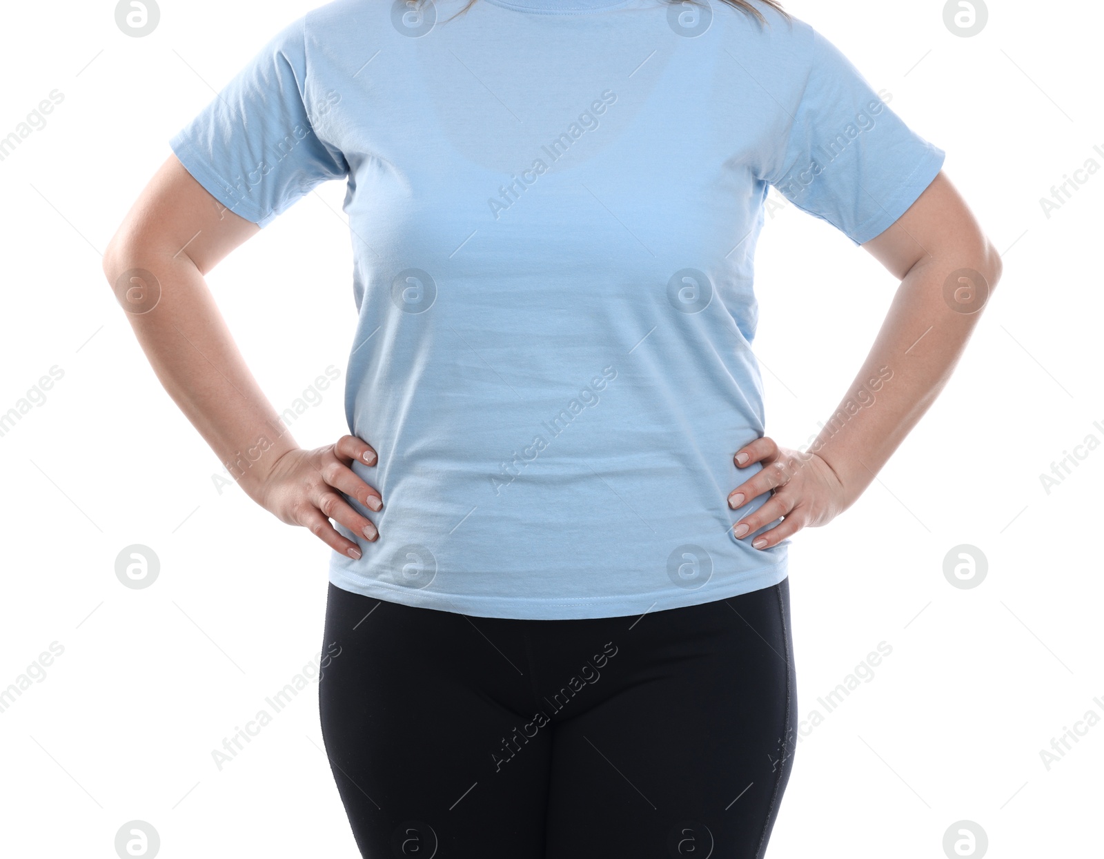 Weight loss. Plus size woman on white background, closeup Photo of Weight loss. Plus size woman on white background, closeup