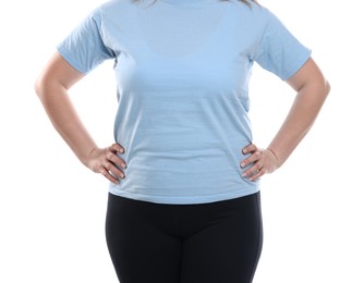 Photo of Weight loss. Plus size woman on white background, closeup