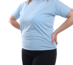 Photo of Weight loss. Plus size woman on white background, closeup