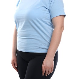 Photo of Weight loss. Plus size woman on white background, closeup
