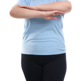 Photo of Weight loss. Plus size woman on white background, closeup