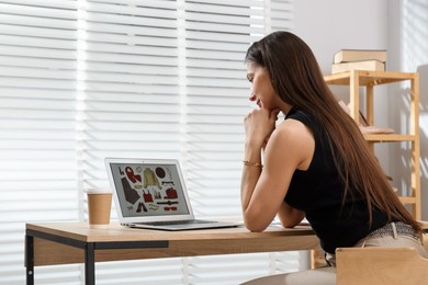 Photo of Professional stylist making collage with outfit on laptop at desk indoors