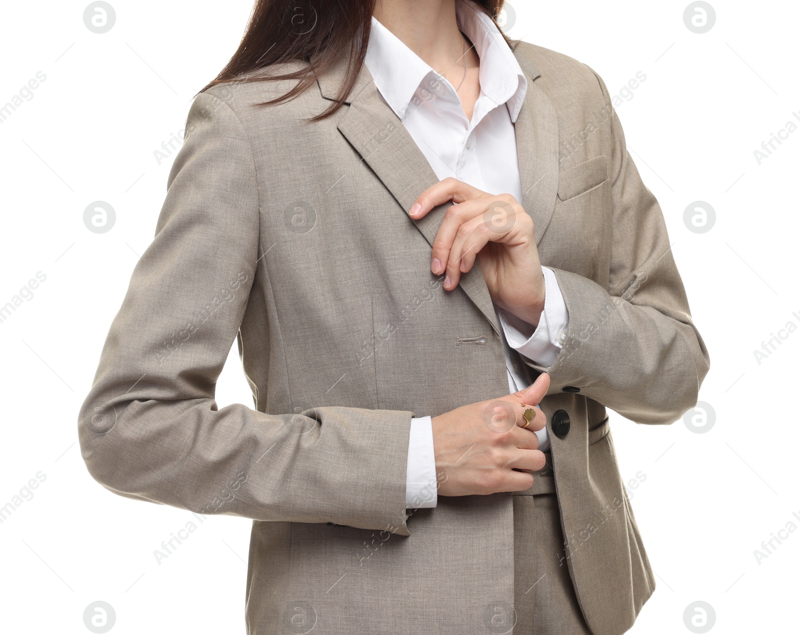 Woman in suit on white background, closeup Photo of Woman in suit on white background, closeup