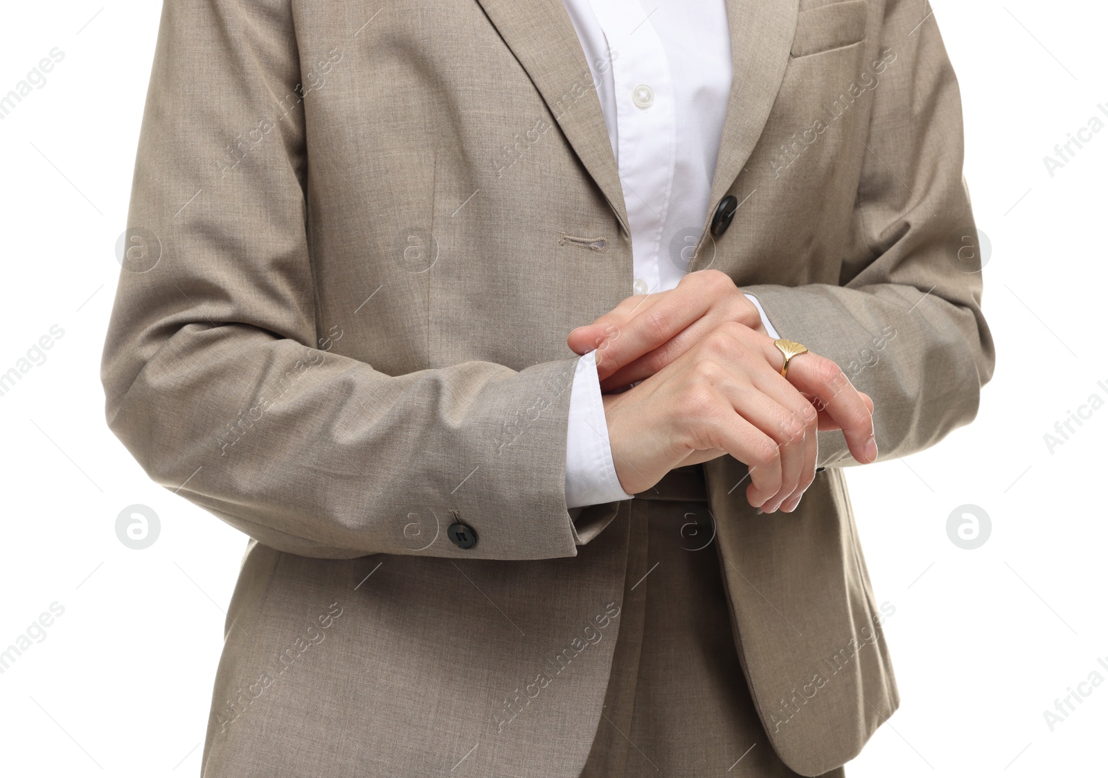 Woman in suit on white background, closeup Photo of Woman in suit on white background, closeup