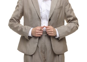 Photo of Woman in suit on white background, closeup
