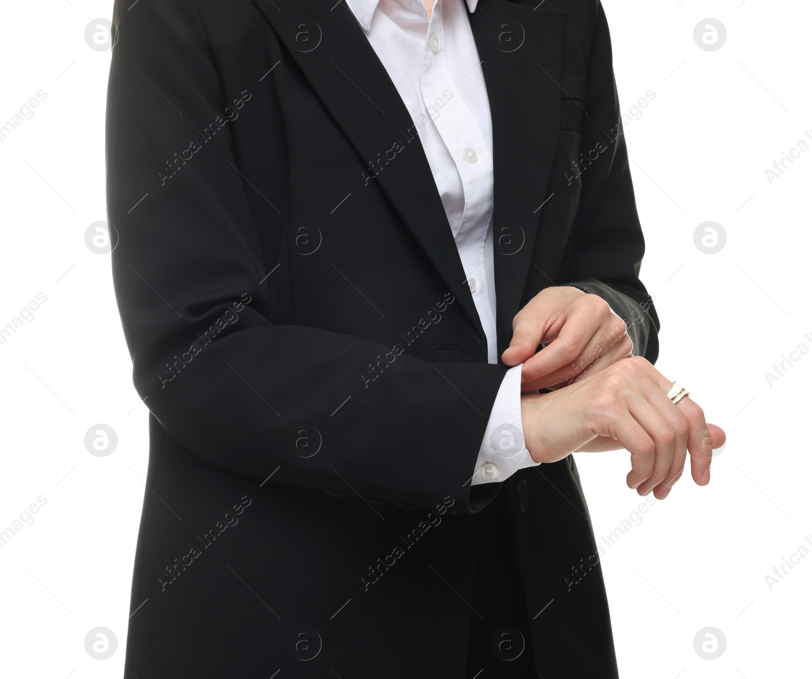 Woman in suit on white background, closeup Photo of Woman in suit on white background, closeup